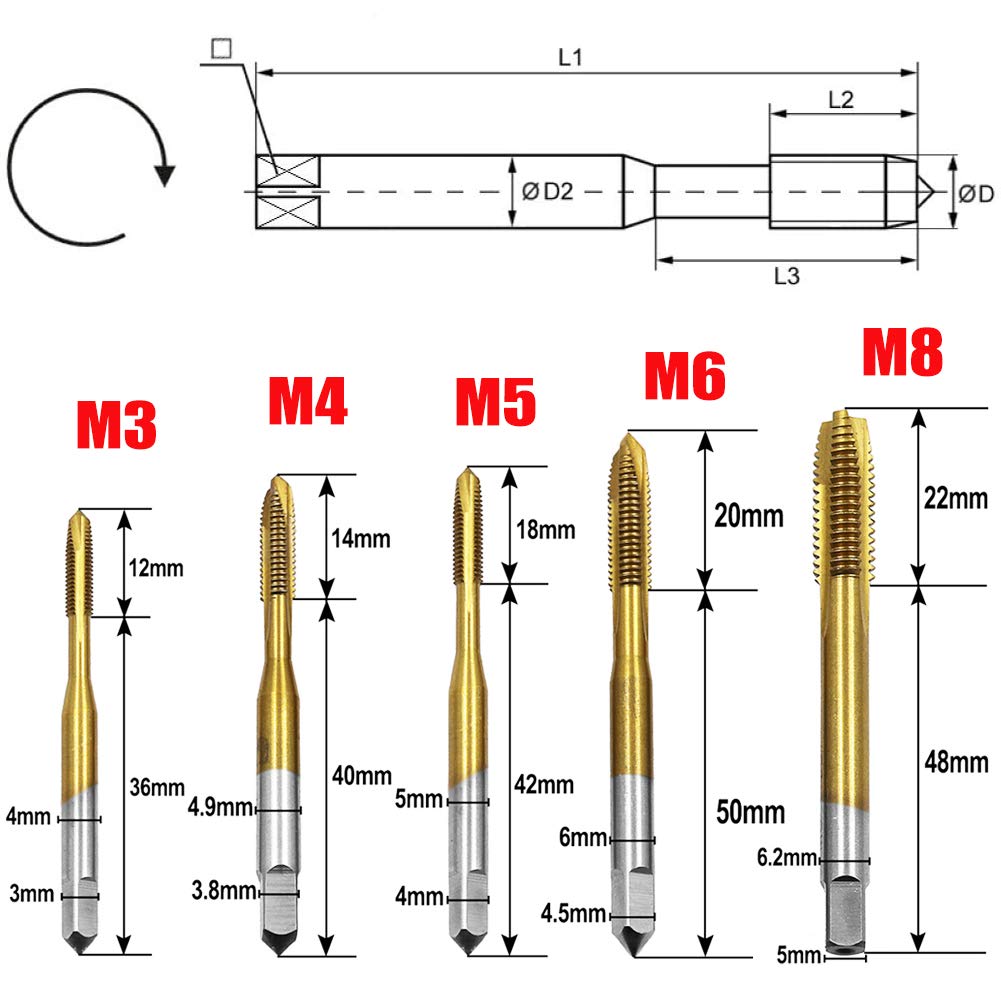 Screw Tap Set,5 Piezas M3-M8 3 mm-8 mm de Rosca Métrica,Juego de Machos de Roscar de HHS Puntas de Llave de Grifo Recubierto de Titanio Puntas de Hilo de Rosca