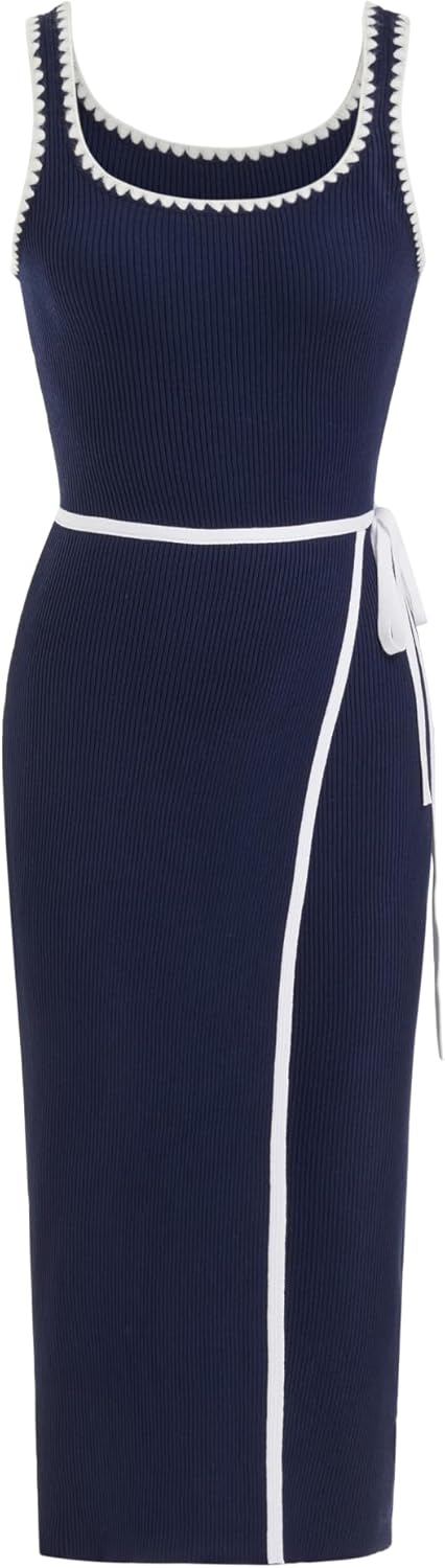 CIDER Women's Midi Bodycon Dress Square Neck Ribbed Knit Sleeveless Tie Waist Casual Summer Tank Dress