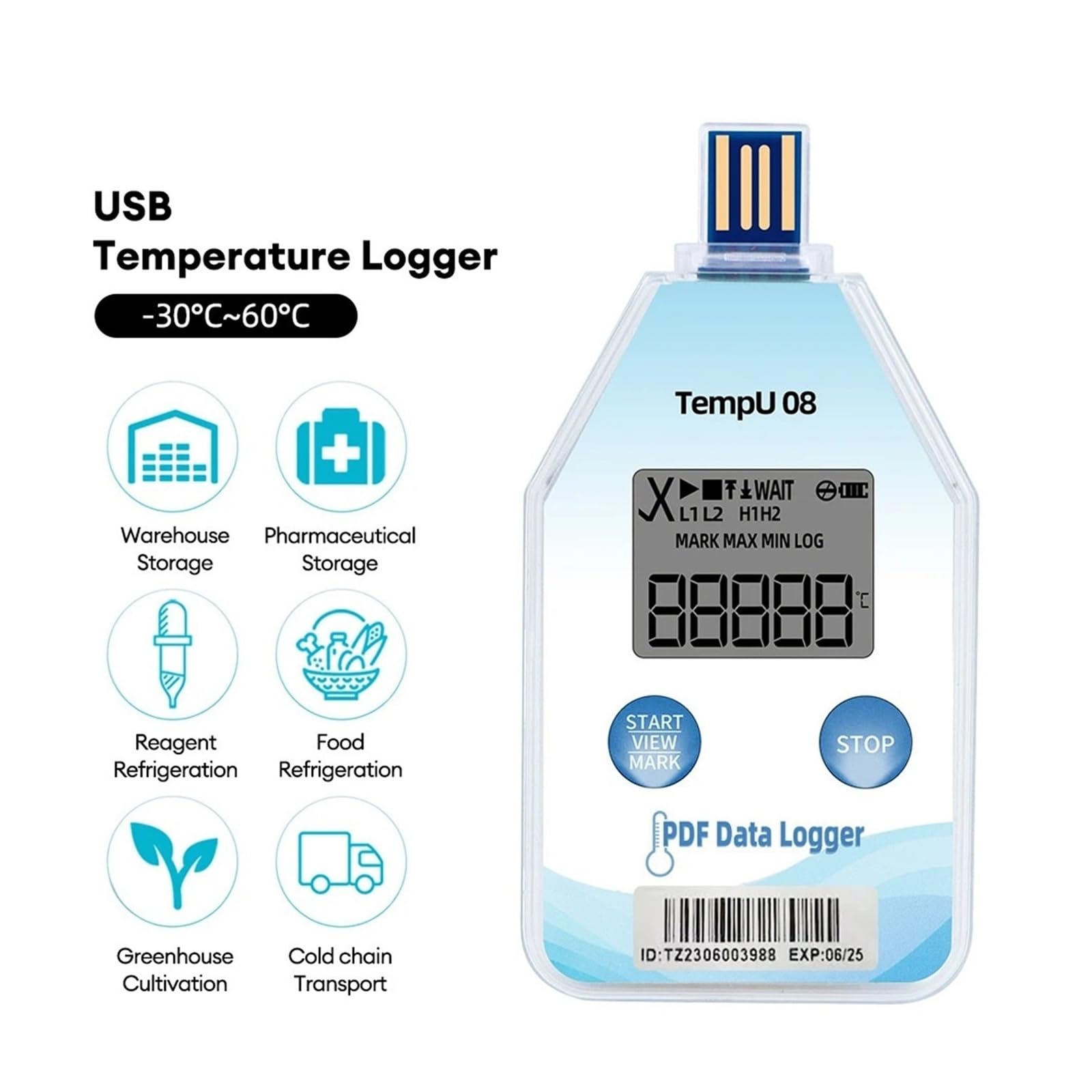 Rejestrator danych Jednorazowy rejestrator danych dotyczących temperatury i wilgotności z raportem PDF 32 000 punktów do transportu w łańcuchu chłodniczym (TempU08,5pcs)