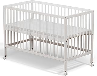 White Wooden Baby Cot Bed With 4cm Mattress，Baby Crib With Wheel，Convertible Cot，Baby Crib，3 Adjustable Bed Base Positions (120x60（Including Mattress）) (120x60 White（Including Mattress）)