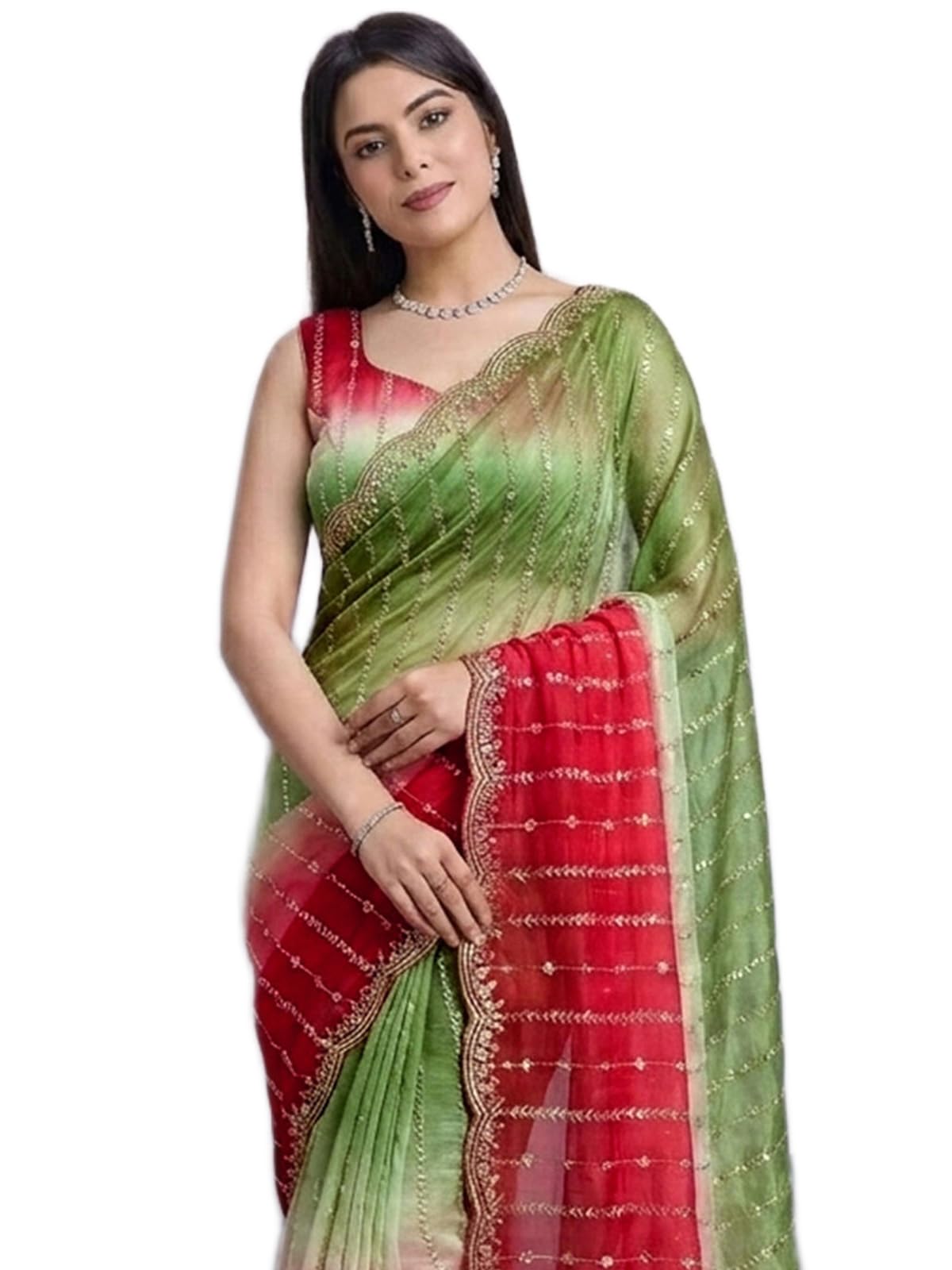 siril Women's Shimmer Chiffon Ombre Scalloped Border Sequins Embroidery Stone Work Saree with Unstitched Blouse Piece-picture-49