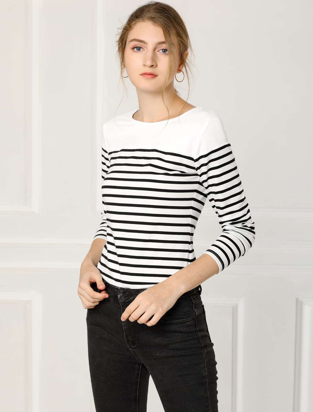 Allegra K Women's Striped Top Long Sleeve Round Neck Tops Trendy Casual Striped Shirts - Image 3