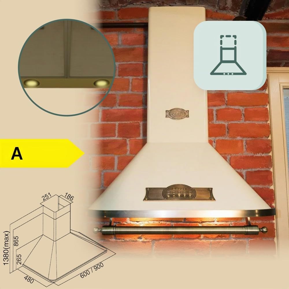 Kaiser Empire Hotte 60 cm/Hotte murale/du fabricant Luxe Kaiser/Hotte cheminée Ivoire -Empire/Poignée - Bronze/Hotte/ 910 M³/H/avec filtre à charbon actif/Gagnants de German Brand Award 2017