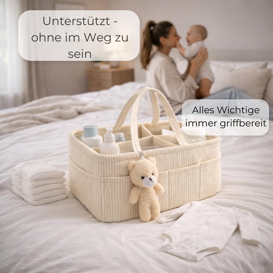 Generisch Wickelkorb Cord Beige - Wickelorganizer für Babys – Aufbewahrungskorb für Windeln, Feuchttücher und Babyartikel – Perfektes Baby Geschenk, Organizer für Wickeltisch und Wickeltasche