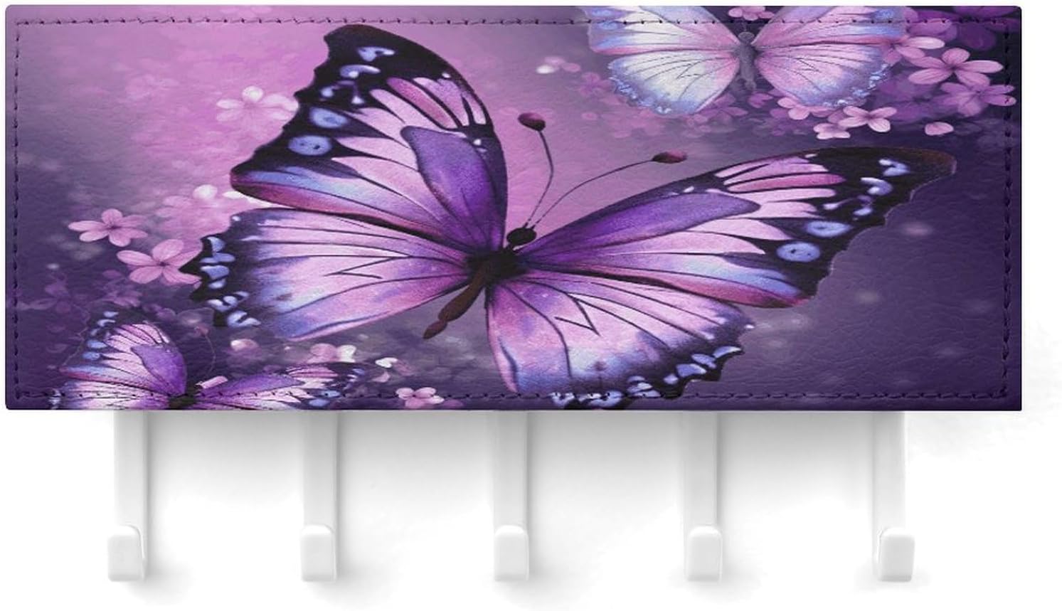 PU Leather Key Holder Wall Mount Key Organizer, Decorative Adhesive Key Rack with 5 Key Hooks, Fashion Purple Butterfly Art Key Hanger Decor for Entryway Door Bathroom Kitchen Hallway