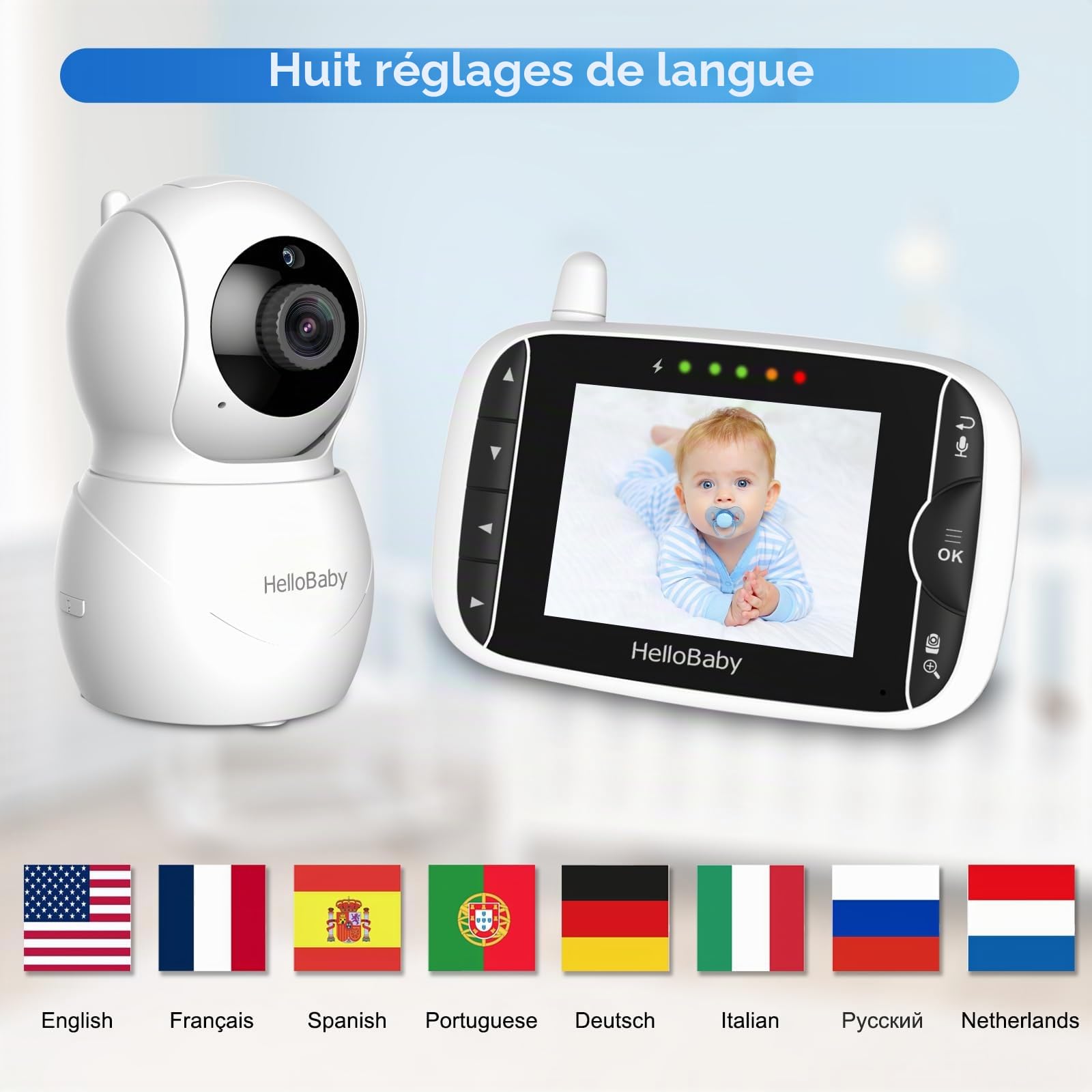 HelloBaby Babyphone Caméra Moniteur vidéo pour bébé avec 2 caméras et Audio, Conversation bidirectionnelle, Moniteur pour bébé, Vision Nocturne Infrarouge, Mode VOX