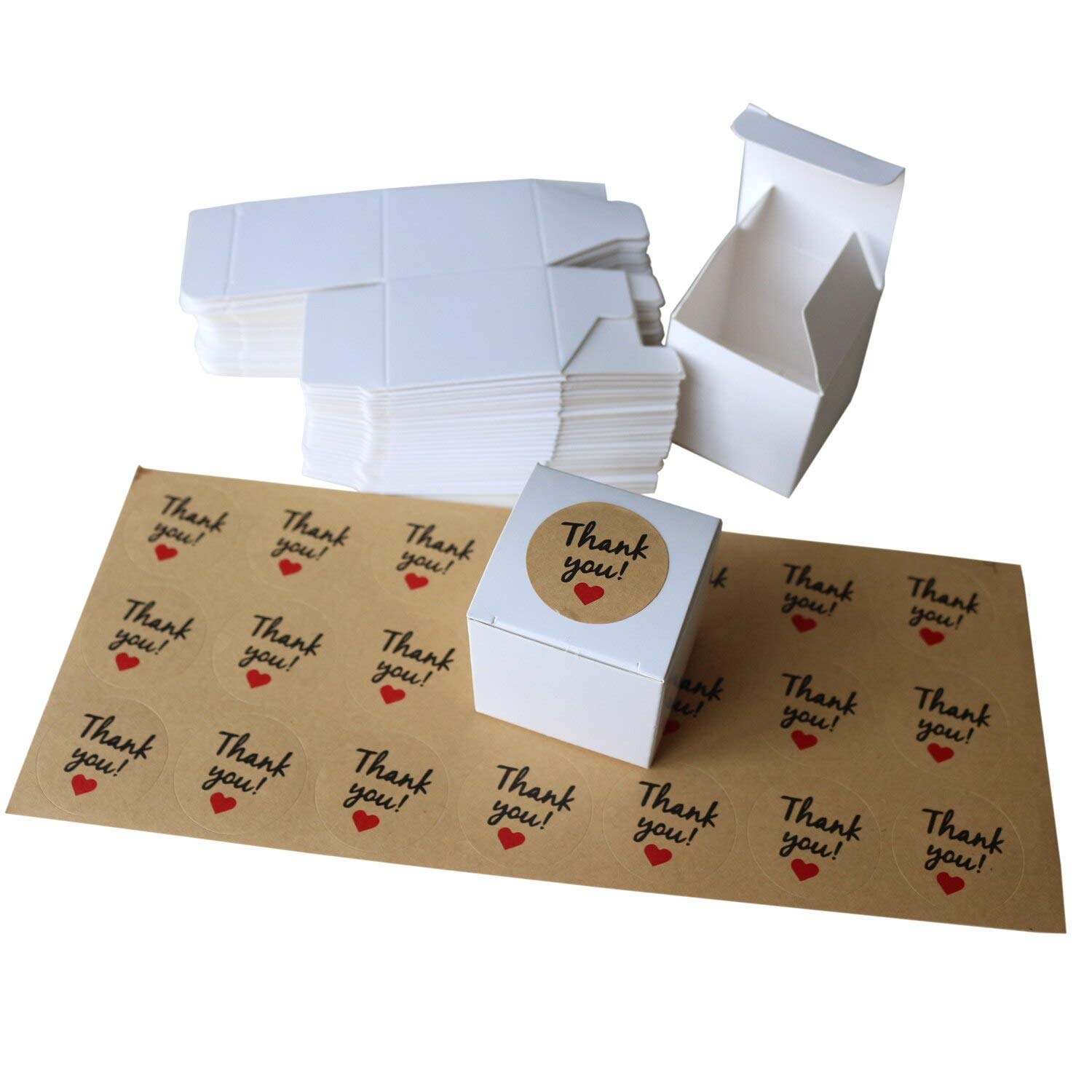 VduanMo 2X2X2 Inches Gift Boxes 50pcs Paper Cube Boxes for Gifts, Crafting, Cupcake Boxes, Easy Assemble Boxes for Party Favor with 50pcs Thank You or Handmade Stickers White Thank You