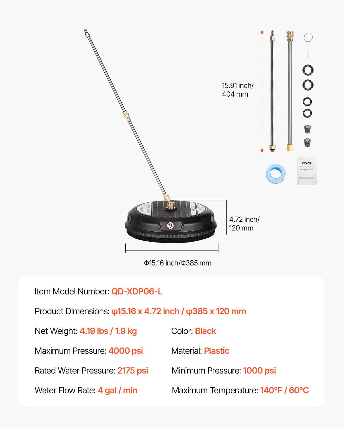 VEVOR 38.1 cm myjka ciśnieniowa do czyszczenia powierzchni, plastikowe nasadki do myjki ciśnieniowej z 4 kółkami, maks. 3000 PSI, szybkozłącze 1/4, 2 dysze natryskowe, 2 przedłużone różdżki na