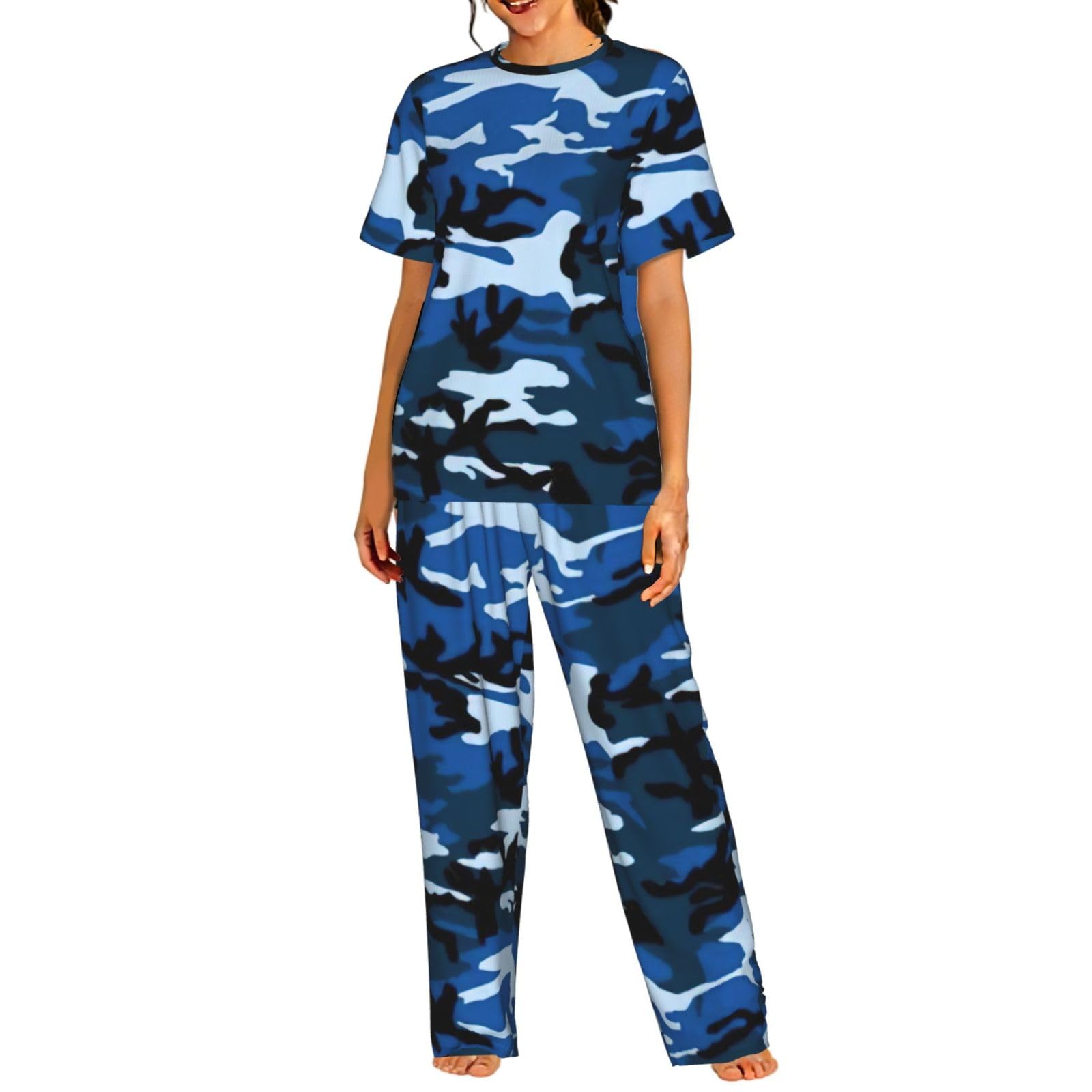 Niebieski Camo Print damska piżama z krótkim rękawem zestaw bielizna nocna letnia miękka wygodna domowa bielizna nocna