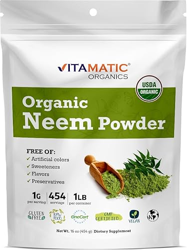 Vitamatic Polvo de hoja de neem orgánico certificado USDA 1 libra (16 onzas)