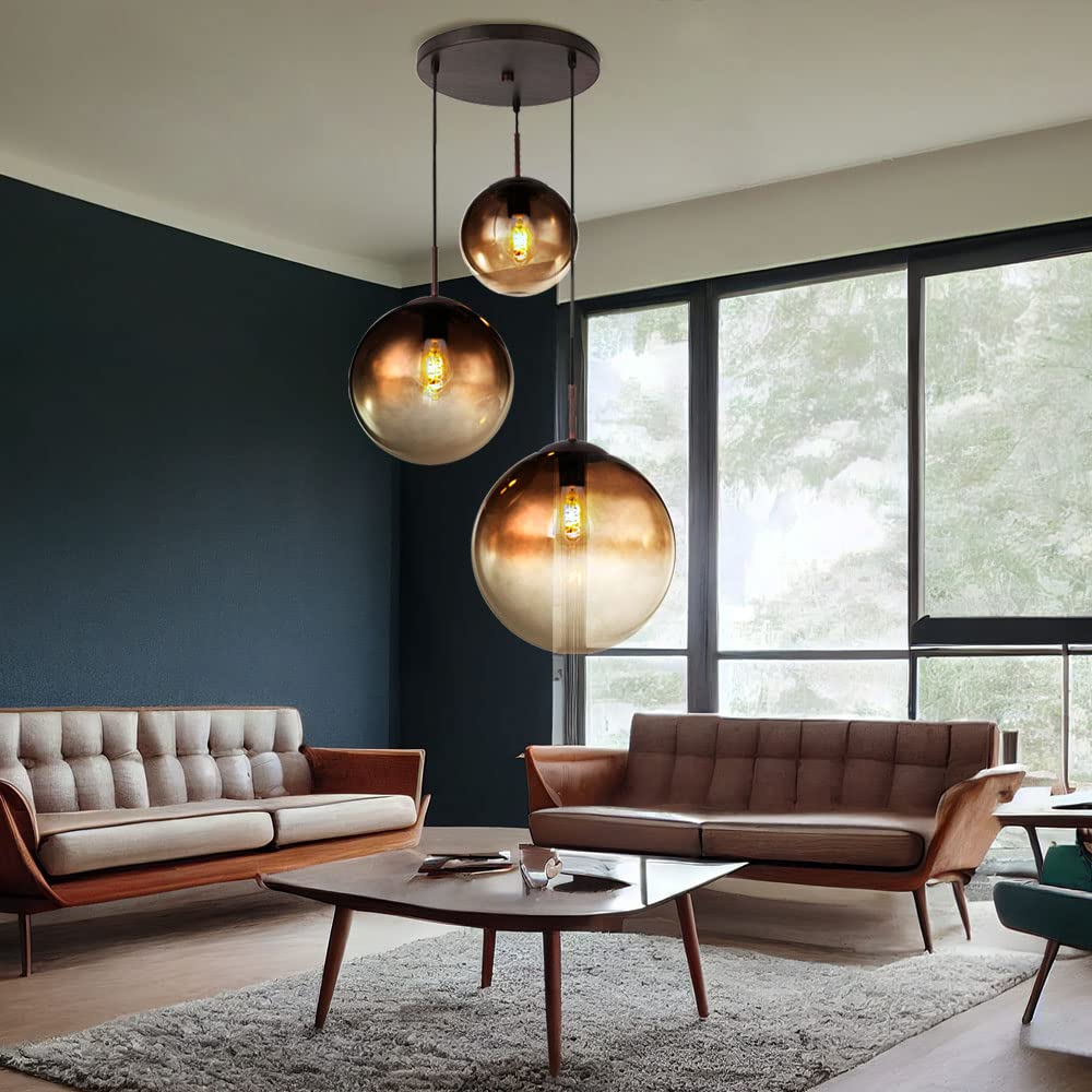 Decken Pendel Lampe amber Glas Kugel Wohn Zimmer Hänge Leuchte braun im Set inkl. LED Leuchtmittel
