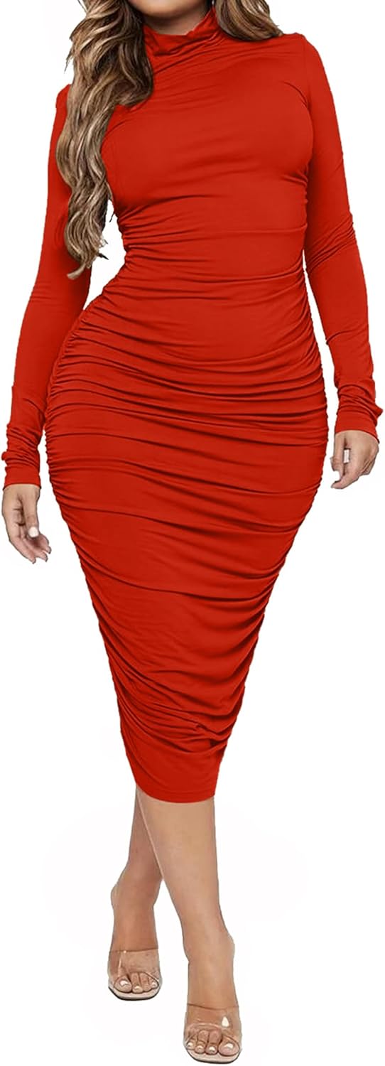 Ekaliy Women's Ruched Bodycon Midi Dress Mock Neck Long Sleeves Party Club Dresses - Image 5
