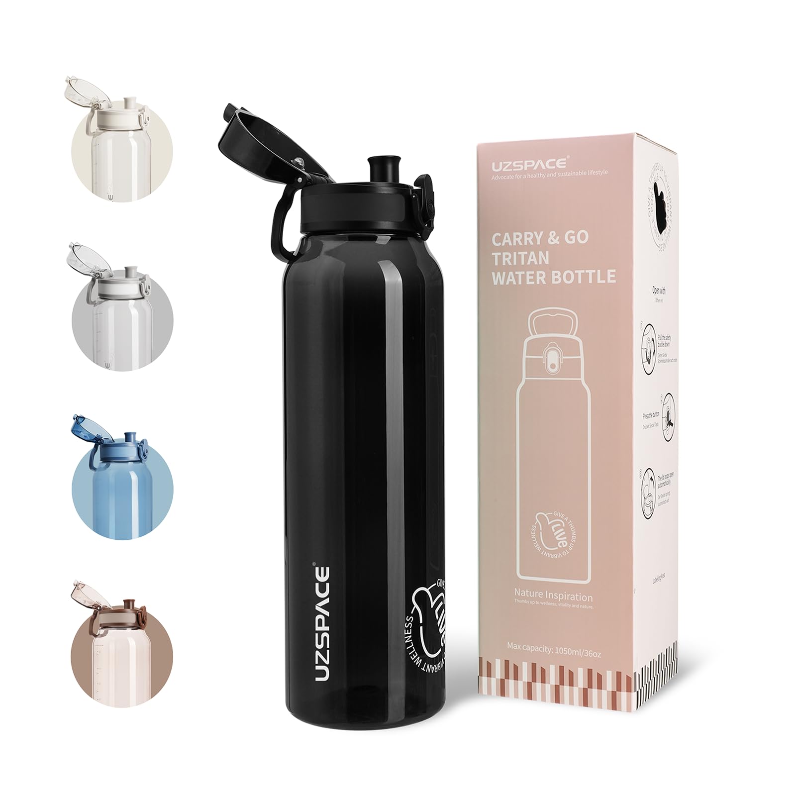 UZSPACE Water Bottle 1l with Handle - BPA Free Drinking Bottles for Adults - Clear Water Bottle with Capacity Scale - Leakproof Gym Bottles - Ideal for Sports or Fitness & Outdoors Night Black — image 1