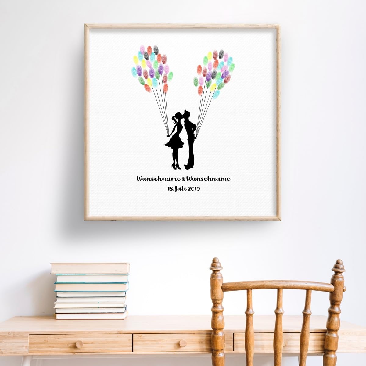 Madyes Tela Matrimonio impronte digitali Libro degli ospiti personalizzato Albero Bacio per la coppia di sposi come regalo, decorazione matrimonio, nome con data. 50 x 50 cm grande su telaio in legno