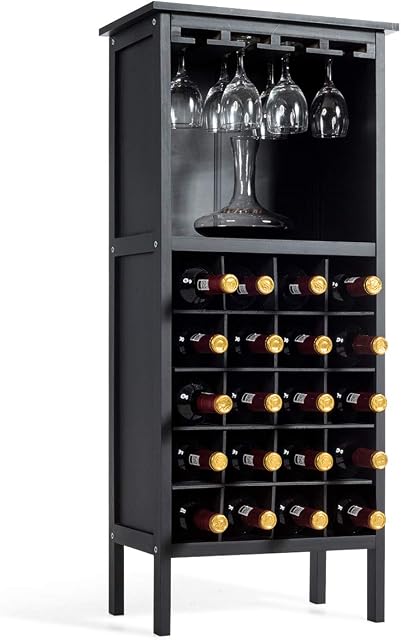 TANGZON 20-Bottle Wine Cabinet, Wooden Bar Cabinet with Glass Holders & Open Shelf, Freestanding Drinks Wine Storage Display Organiser for Home, Kitchen, Cellar and Pantry (Black)