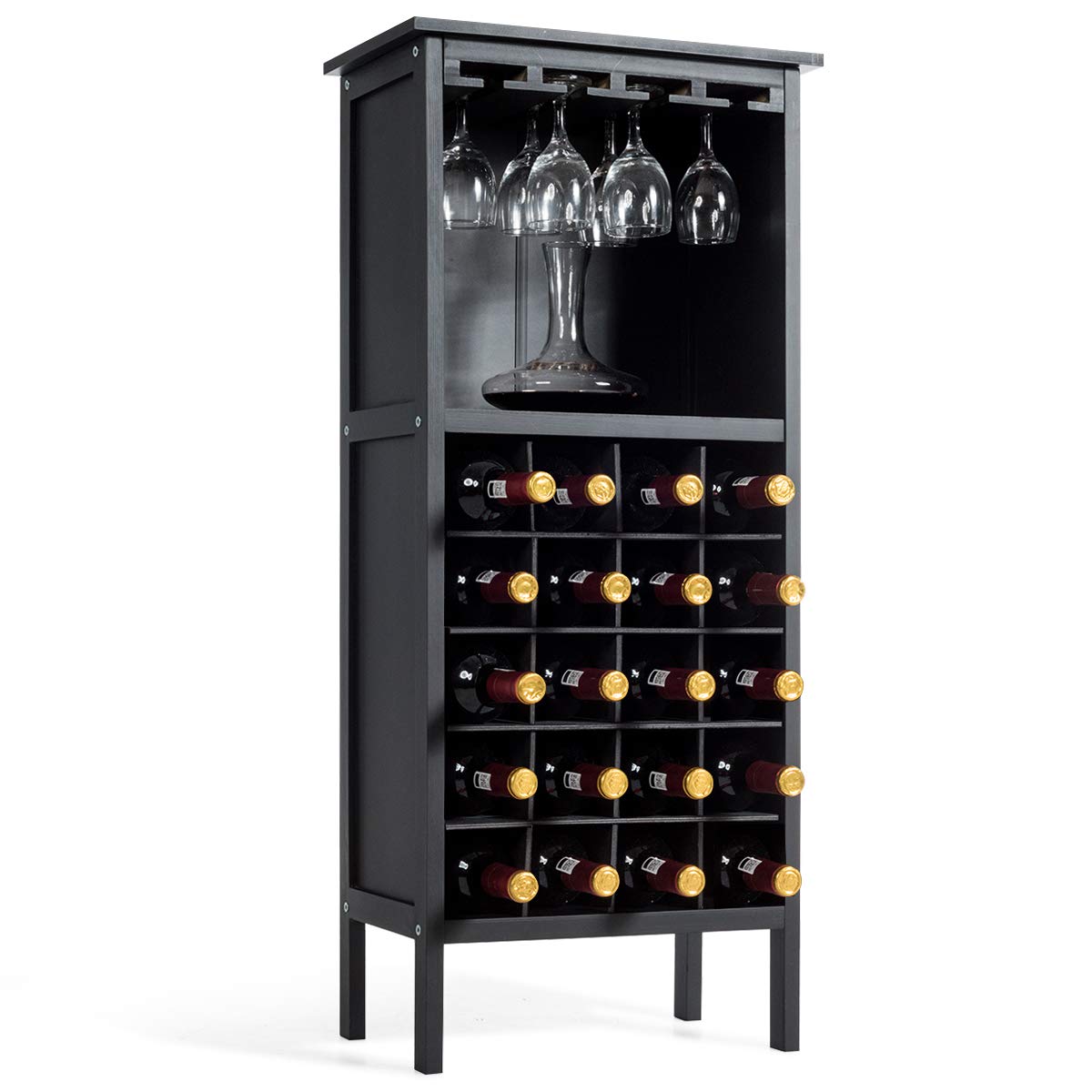 COSTWAY Wijnkast, 20 Flessen Opslag, 42 x 24.5 x 96 cm Wijn Fles Organisator Opslag Plank met Glazen Hanger en Fles Houder, voor Thuis, Keuken, Bar, Kelder (Zwart