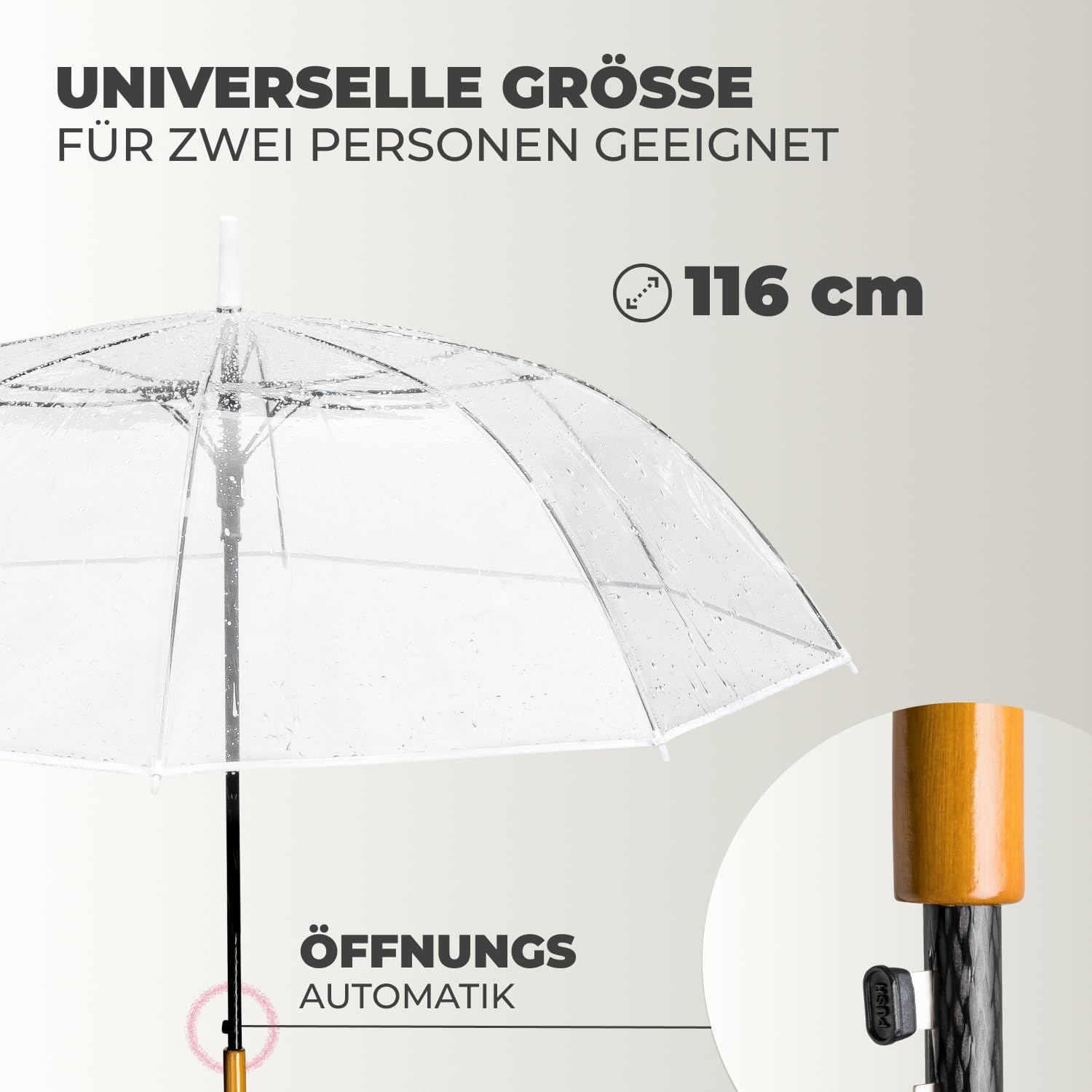 LOGAN & BARNES Durchsichtiger Regenschirm Hochzeit Echtholzgriff Ø120cm Transparent XXL Modell CARDIFF