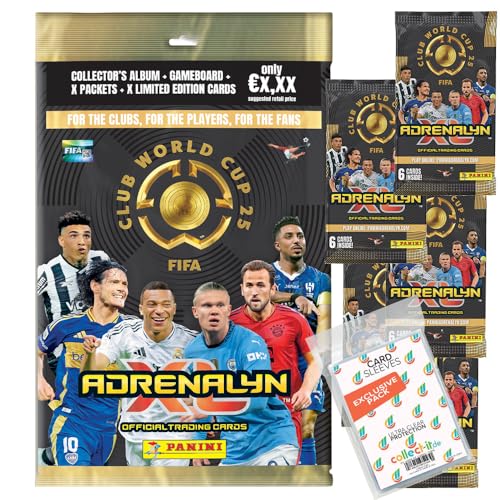 Paquete con tarjetas de comercio Adrenalyn XL de la FIFA Club World Cup 2025, 1 Starter + 5 Booster + fundas exclusivas Collect-it