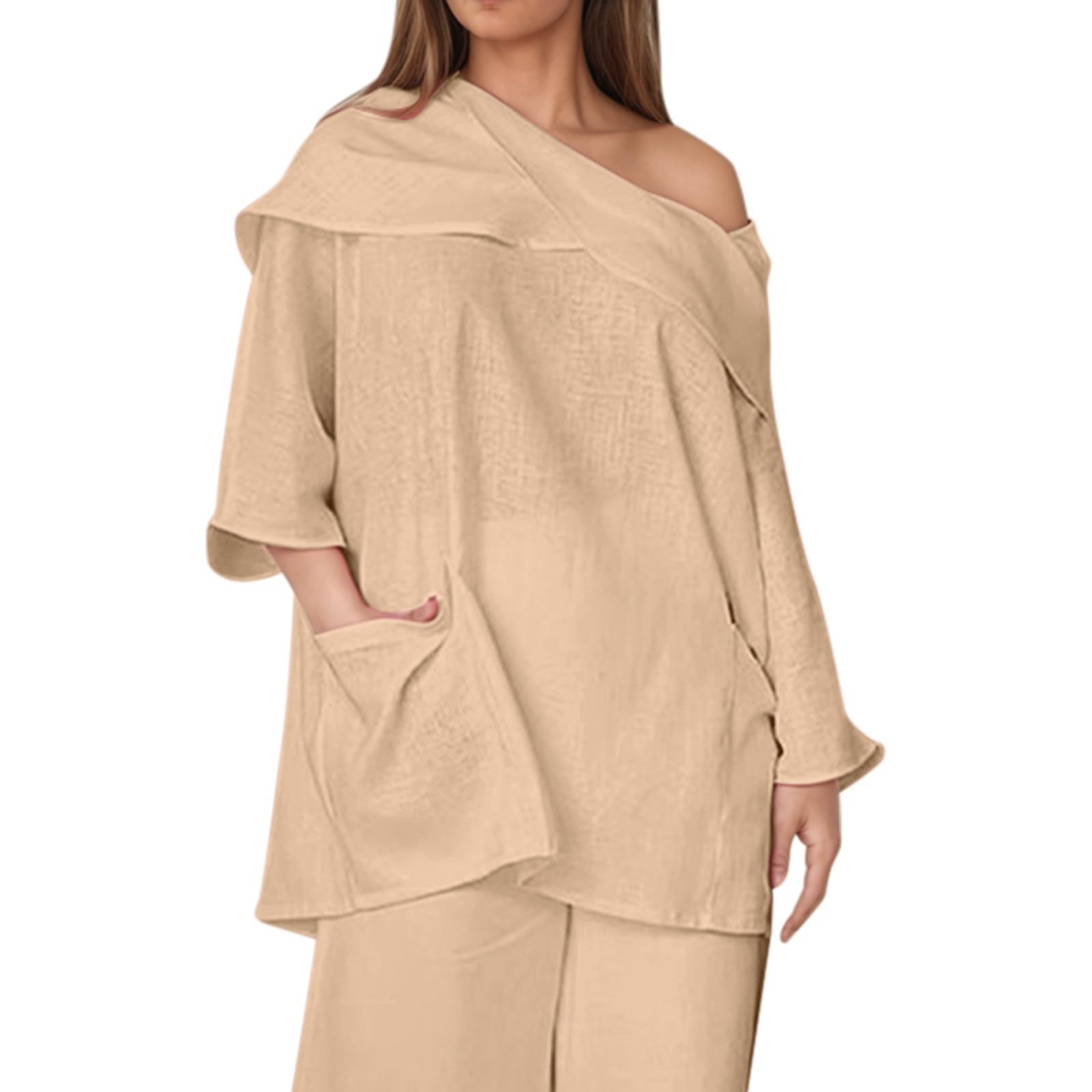 Women's Casual Loose Fit Linen Top with Large Pockets and Unique Asymmetric Collar for Spring and Summer (Beige, L)