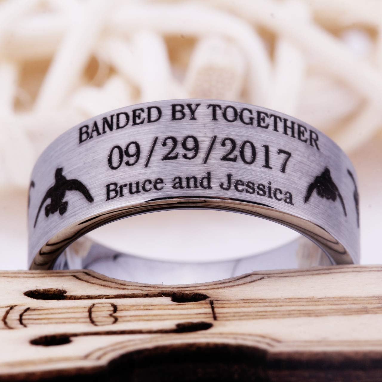 CLOUD DANCER Customizable for Wedding Date and The Names of Groom and Bride - Hunting Ducks Design and Matted Finished Tungsten Carbide Ring