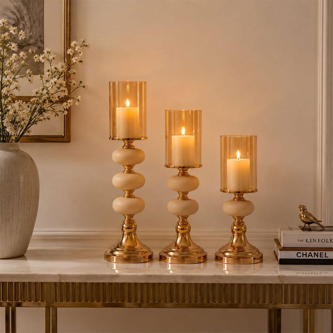 Hurricane Pillar Candle Holder Set of 3, Gold Metal Base with Marble Stone Accents, Amber Glass Cover, 24cm/41cm/48cm (Candles are not Included)-image-26