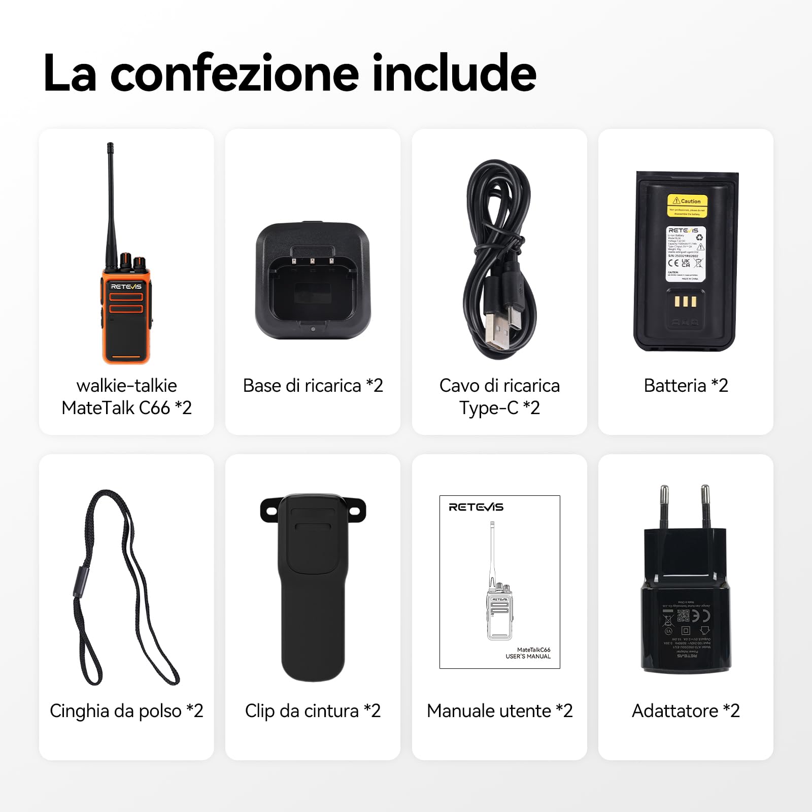 Retevis C66 Walkie Talkie Professionale, Ricetrasmittente Ricaricabile | Ricarica Rapida 100 Minuti, CTCSS/DCS, per Viaggi All'aperto, Arancione, 2 Pezzi