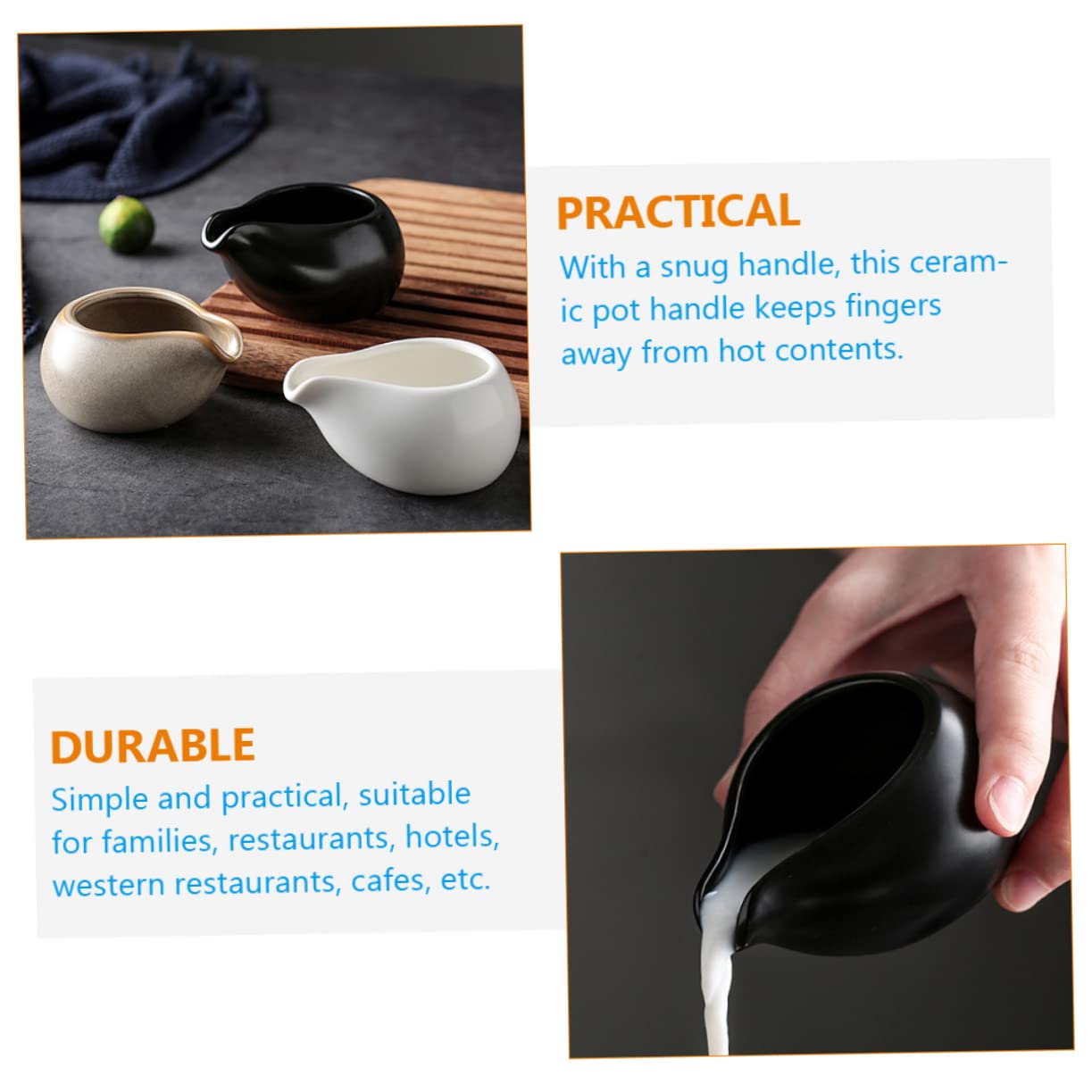 Cabilock Pot à Lait en Céramique Vintage Poignée Ergonomique et Fond Résistant à L'usure, pour Familles et Restaurants, Lot de 3 Pichets à Sauce Élégants
