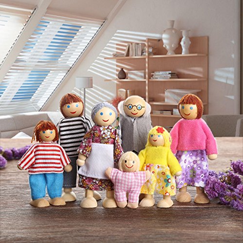 PUCKWAY Kids Girls Lovely Happy Dolls Family Playset Wooden Figures Set of 7 People for Children Dollhouse Pretend Gift