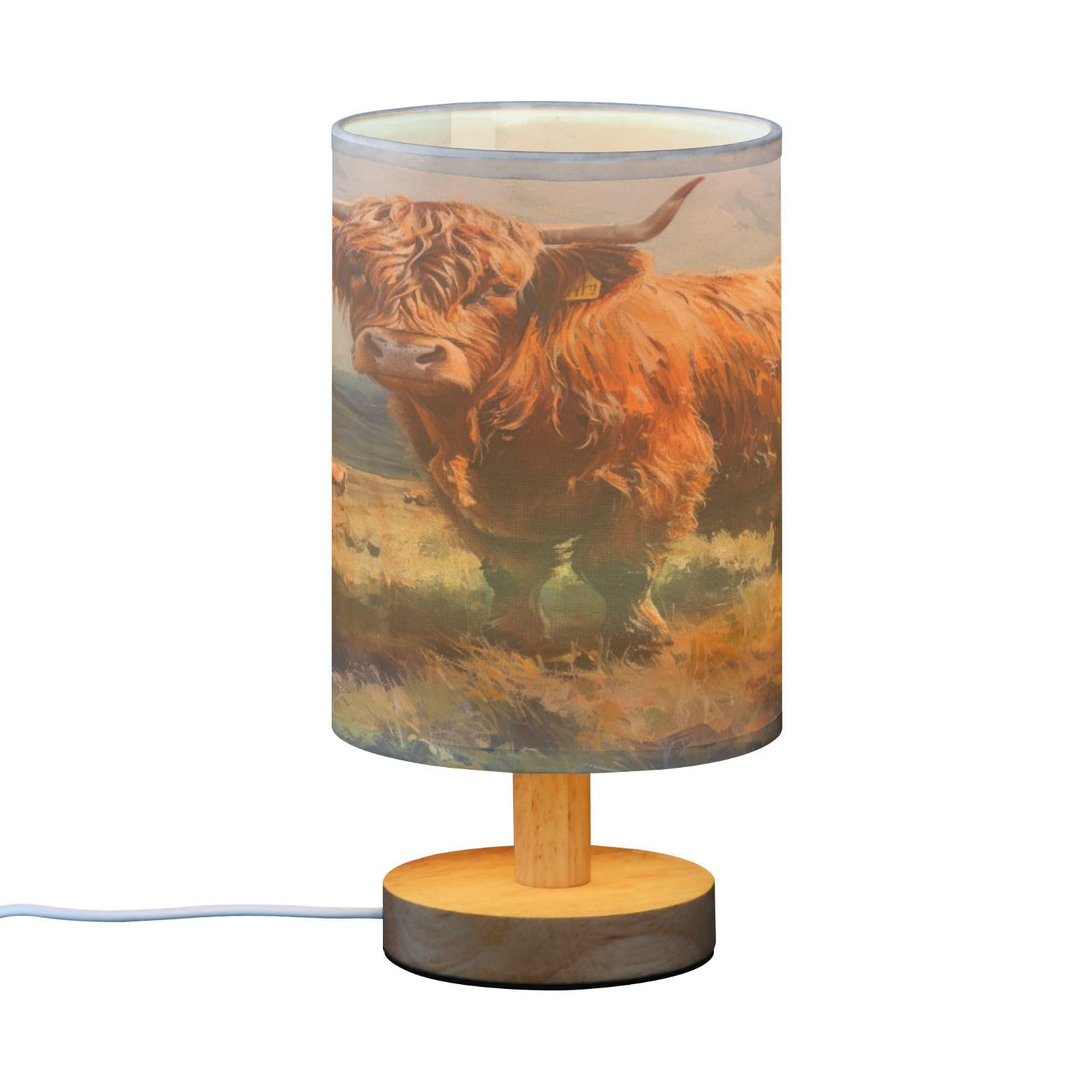 SDMKA Highland Cattle Pattern Bedside Table Lamp for Bedroom, Minimalist Nightstand Lamp with Round Fabric Shade for Living Room, Office, No Bulb Required