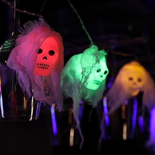 Miniatura 6 de TORCHSTAR Luces de calavera de Halloween, 10 luces LED de gasa blanca para interiores y exteriores, decoración de fiestas de vacaciones, funciona