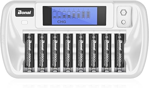 Miniatura 8 de BONAI Rechargeable AA Batteries with Charger, 8+1 Bay AA Battery Charger with LCD Display for 1.2V NiMH NiCD AA AAA 9V, 2800mAh High Capacity Low