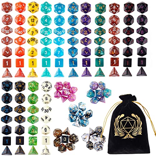 Coyeekn DND Dice Set, 20 x 7 (140 Pieces) Polyhedron Dice 20 Colors Dice for Dungeons and Dragons DND RPG MTG Table Games D4 D8 D10 D12 D20 with 1 Large Flannel Bag