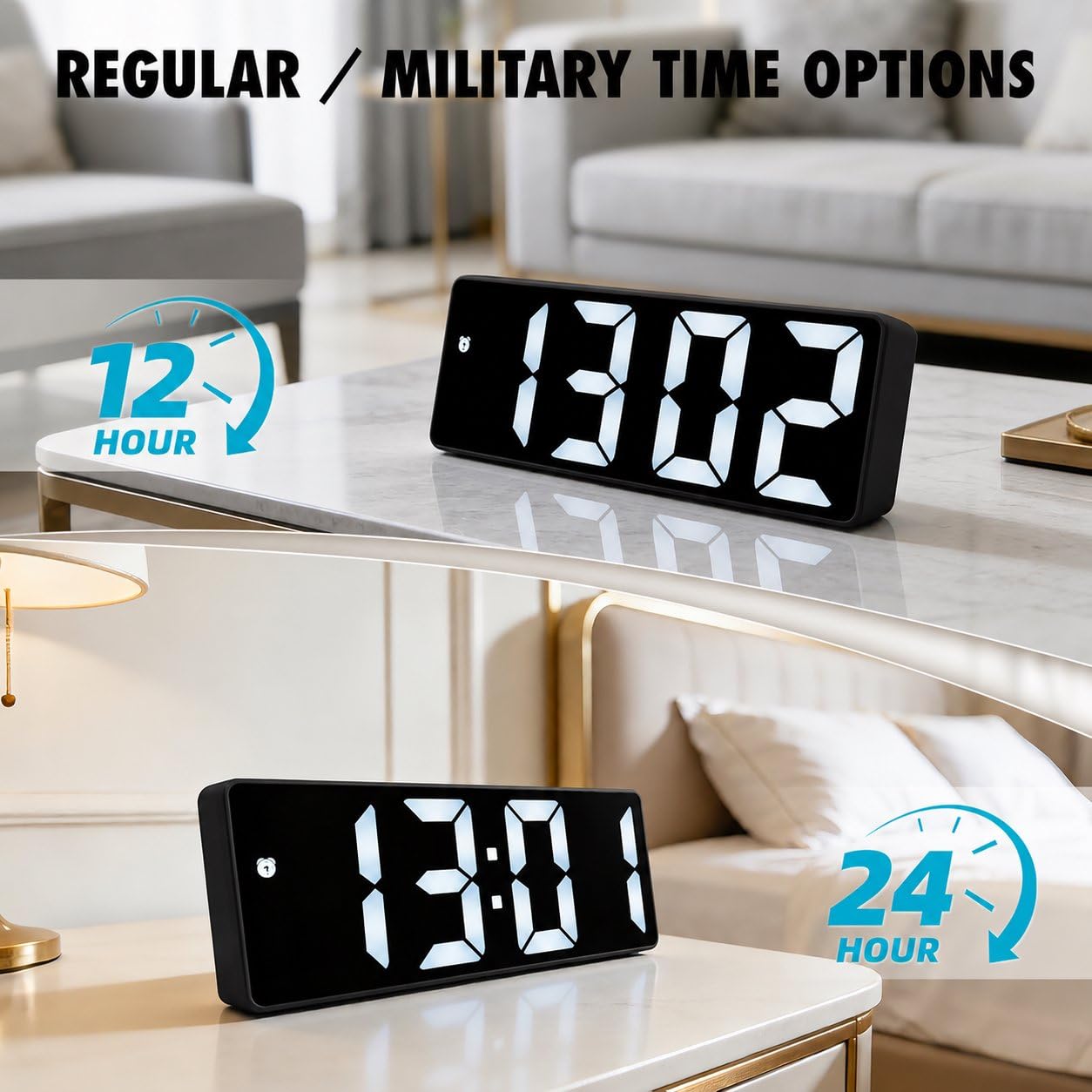 AuraSync Reloj despertador digital, pantalla LED grande, números negros, cara negra, diseño rectangular moderno