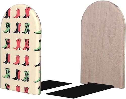 Book Ends for Shelves 1 Pair - Colorful Boots Vintage Print Wood with Metal Base Bookends for Heavy Books, Book Stand Organizer Holder for Books