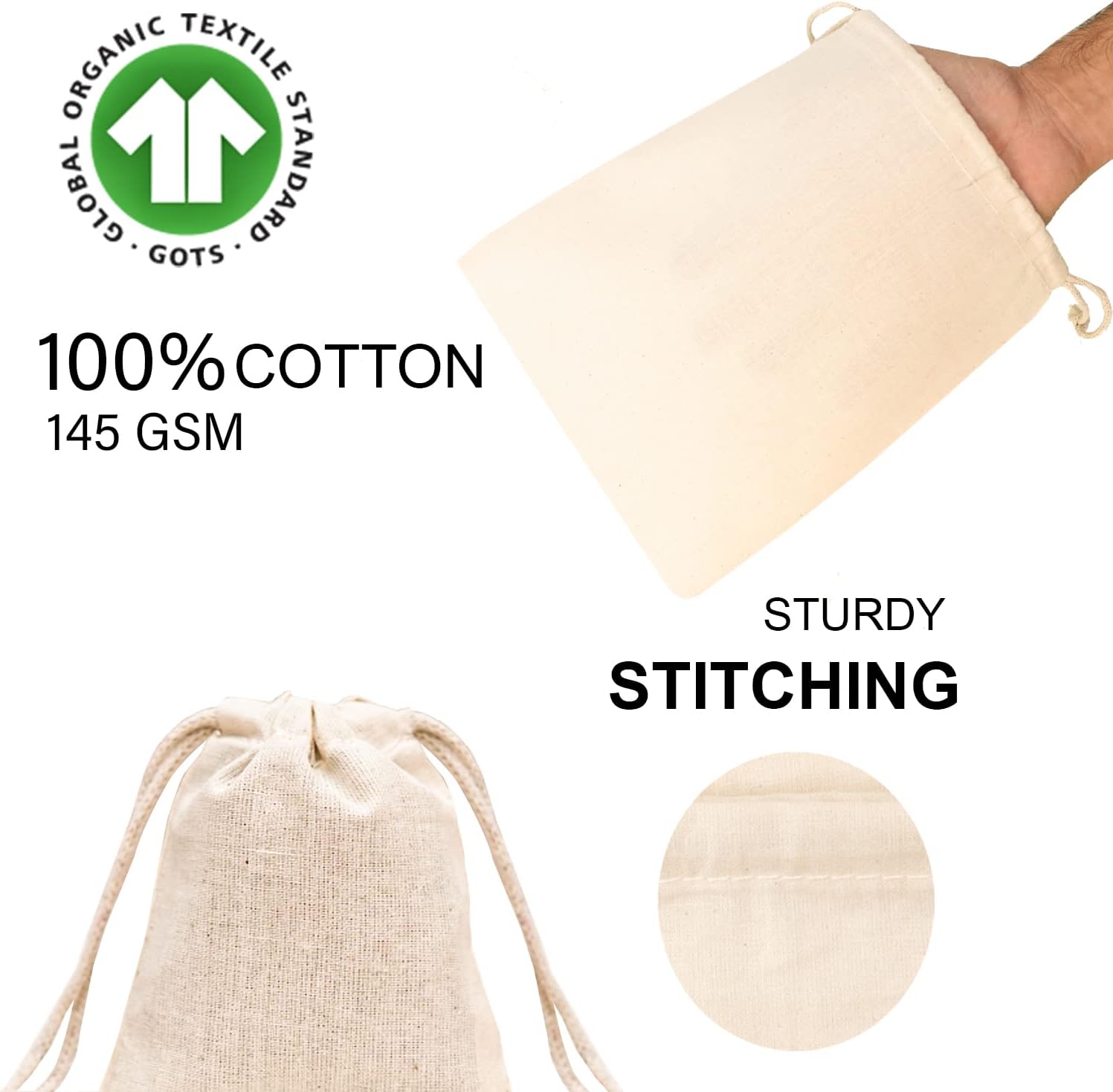 100% Cotton Muslin Bags with Drawstring Closure Sachet Bags - (3x5 in 100 pcs) Reusable Ecofriendly Spice Bags for Cooking, small Cloth bag, and Shoes Dust Bags
