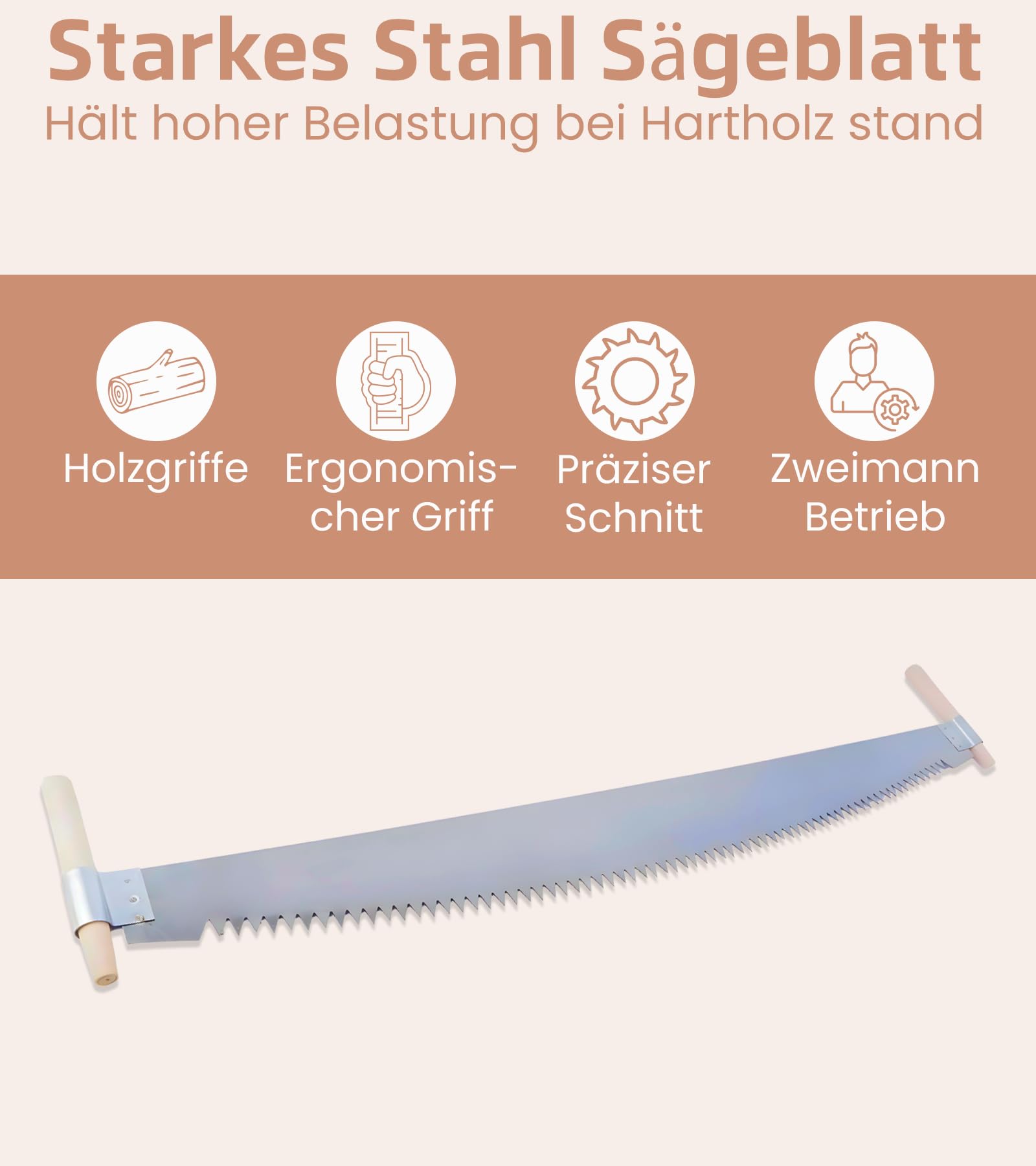 Zweimann-Baumsäge mit Holzgriffen – Handsäge für Baumstämme & Brennholz – robuste Zwei-Mann Säge für Forstarbeiten – langlebige Forstsäge manuell