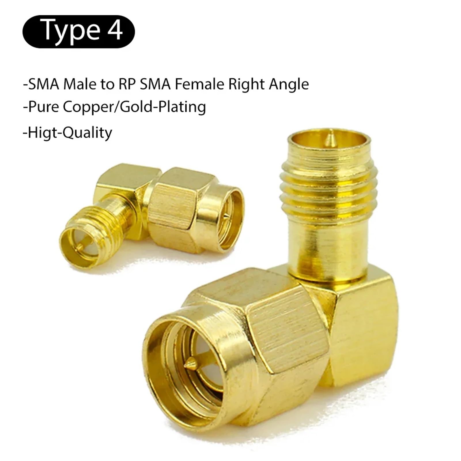 Lot de 5 adaptateurs coaxiaux RP-SMA mâle vers prise femelle RPSMA à angle droit de 90 degrés (type 4, 5 pièces)