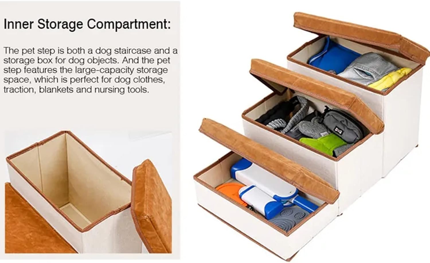 Dog Stairs with Storage, Portable Foldable Pet Steps for High Beds Sofa, 3 Steps Pet Stairs Ramp Puppy Toy Storage Box for Dogs Cats Small Pets,Brown