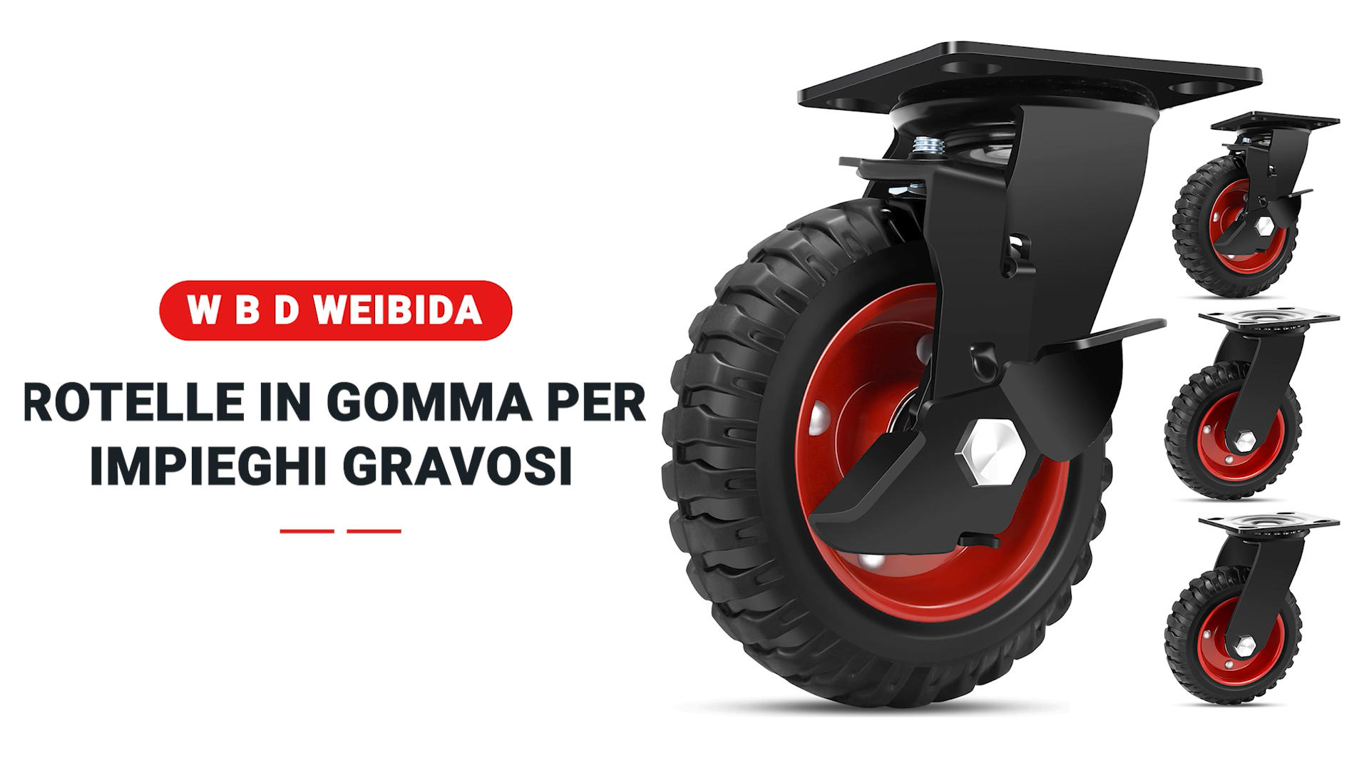 Set 4 Ruote Per Carrello 125 Mm In Gomma Piena - Capacità 990 Kg - 2 Girevoli + 2 Con Freno - WEIBIDA