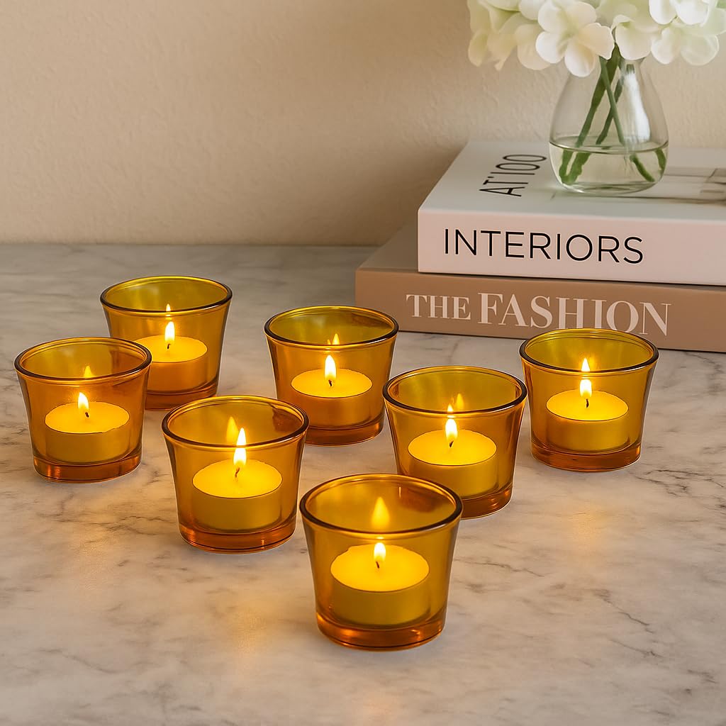 Glass Votive Tealight Candle Holders - Living Room Side Table Home Decoration (Glass, Pack of 6, Yellow)