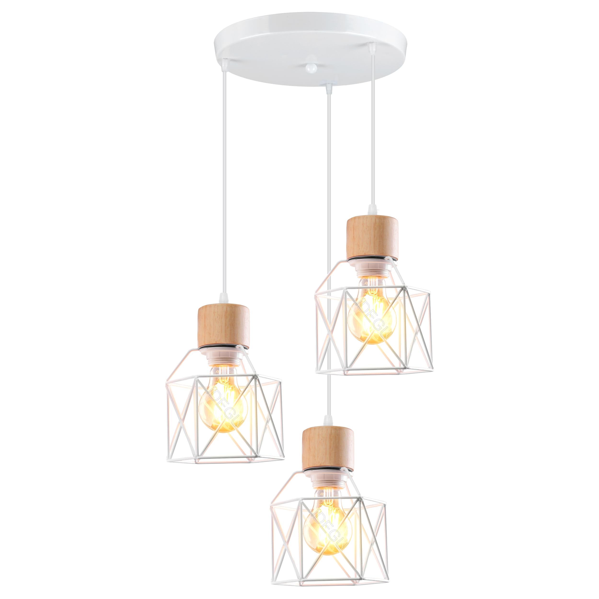 iDEGU Lampara Techo Colgante 3 Luces Vintage Iluminación de Techo de Madera Metal Lámpara de Araña Estilo Jaula Nórdico Lámpara Colgante para Dormitorio Salón Cocina Comedor (Madera, Redondo, Blanco)