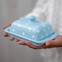 City to Cottage Large Butter Dish with Lid for Countertop, Ceramic Butter Keeper, Butter Container with Knob Handle, Butter Holder Tray with Cover, Handcrafted Sky-Baby Blue Polka Dot Butter Dish