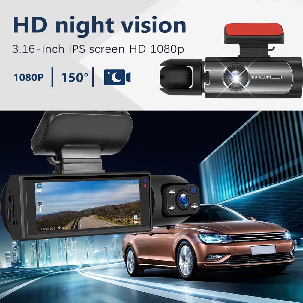 XRC TECH Caméra embarquée double objectif HD 1080p pour voiture, enregistrement avant et intérieur en même temps, vision nocturne IR avec écran IPS de 8 cm