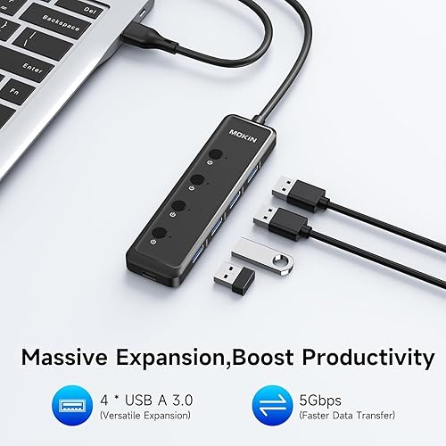 Miniatura 4 de MOKiN Concentrador USB 3.0, extensor USB de datos ultra delgado de 5 puertos con 4 puertos USB A 3.0 + puerto de alimentación USB C para laptop,