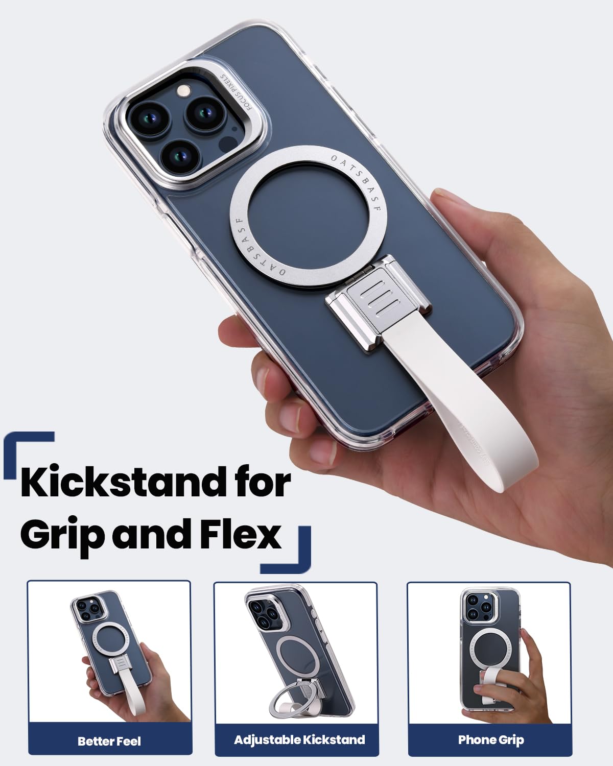 OATSBASF Schutzhülle Transparent Für IPhone 15 Pro Max 6,7 Zoll – Mit MagSafe, Verstellbarem Ständer & Silikongriff, Kratzfest Und Stoßsicher