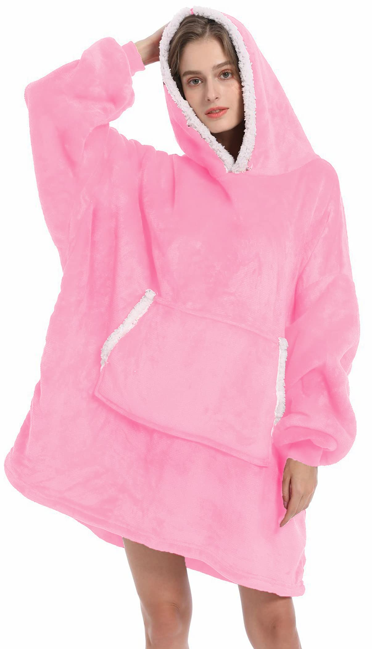 Wearable Blanket Sweatshirt for Women and Men, Super Cozy and Warm Big Blanket Hoodie, hick Flannel Blanket with Giant Pocket and Sleeves (Pink)
