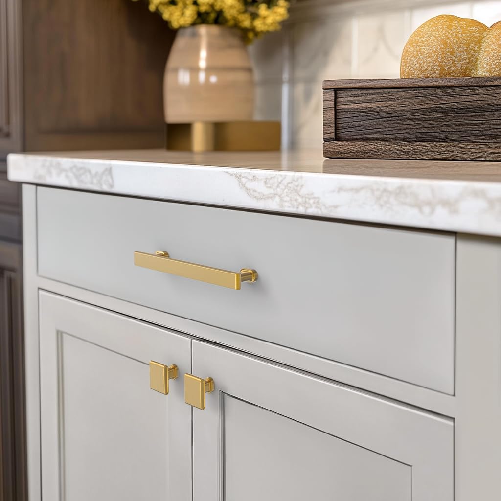 HESTIA HARDWARE 10 Pack Gold Knobs for Dresser, Classic Brass Square Knobs Gold Cabinet Pulls, Drawer Knobs, Mid Century Cabinet Knobs (Z29.10.L)