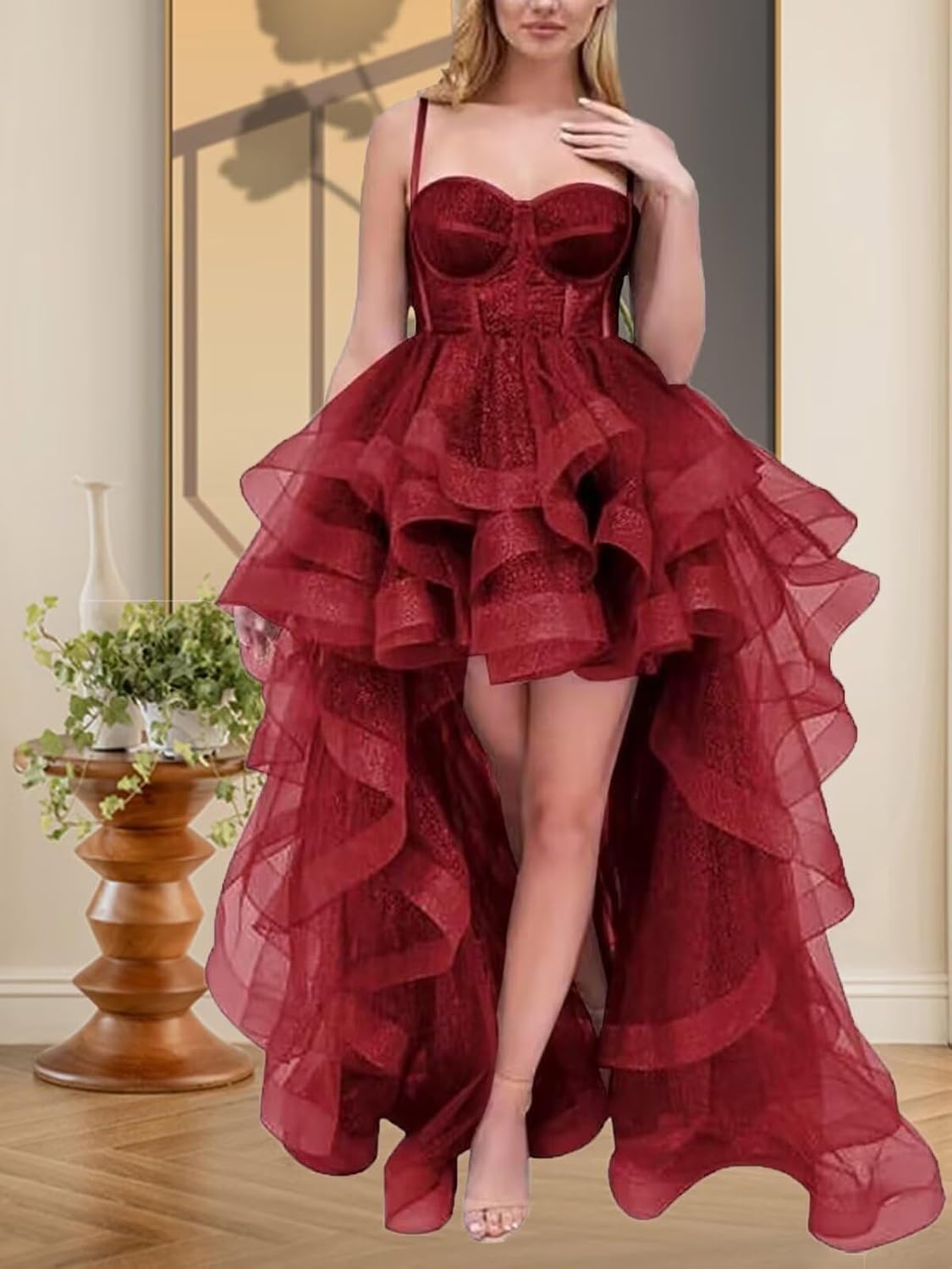 Tulle Spaghetti Straps Long Formal Prom Gowns for Women Tiered Ruffles Hi-Low Evening Party Dresses 2025