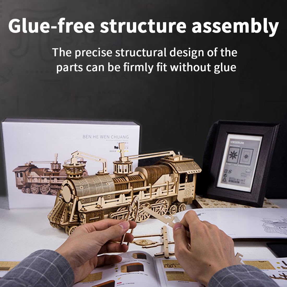 3D Puzzle Holz Dampflokomotive Mechanik Getriebe Bausatz, DIY Montage 3D Holzpuzzle Zug Bastelset Weihnachten 2025 Dekoration Geschenk Modell, Dampflokomotive + Ständer (524 Teile)