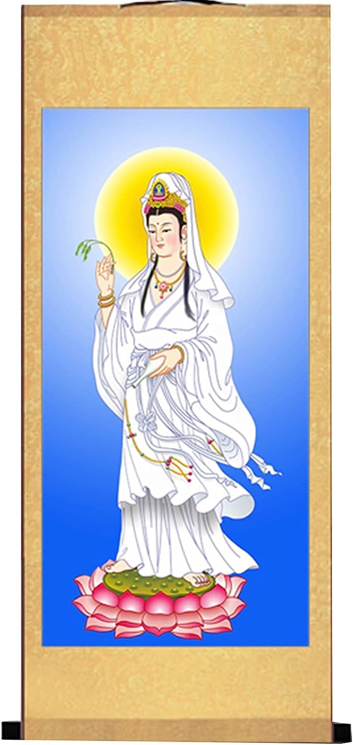 Rysunek na jedwabnym zwoju, Guanyin chiński jedwabny zwój malarstwo Feng Shui powodzenia Wall Art Multicolor(B)